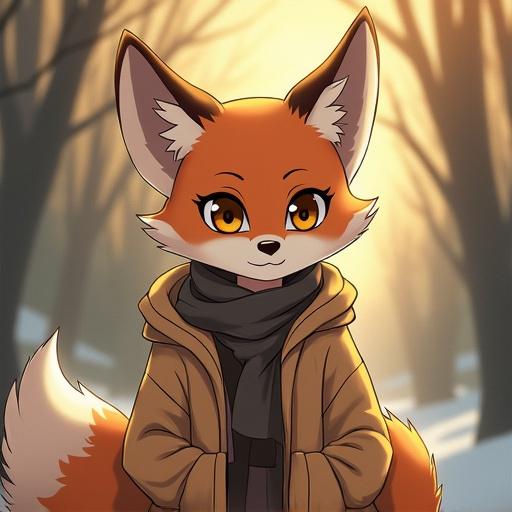 A cartoon fox girl stands in a wooded area. The background shows blurred trees with light shining through. The character has orange fur with white markings. She wears a cozy, oversized beige jacket and has expressive brown eyes. A warm atmosphere surrounds her.