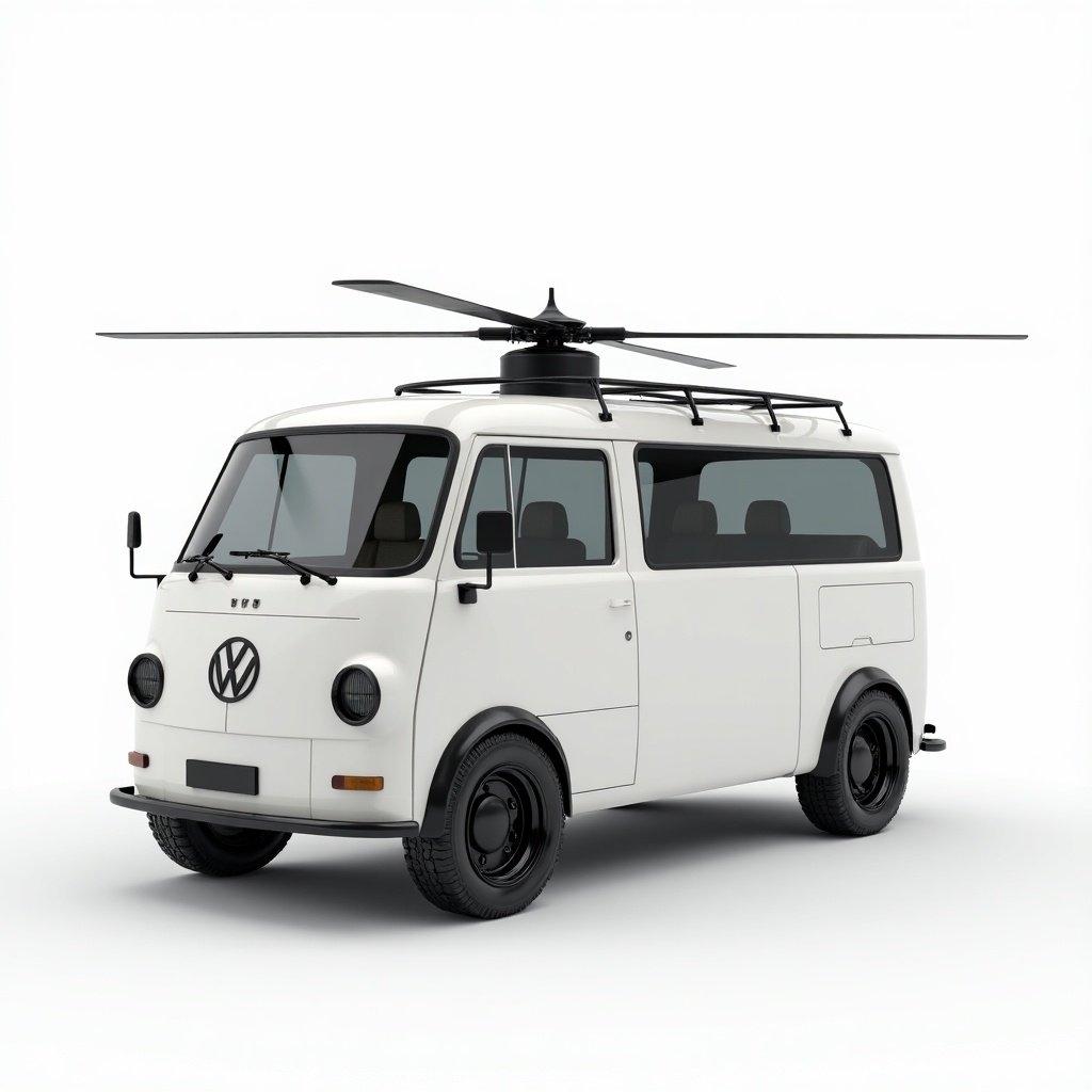 Showcase VW Transporter, a white van with helicopter blade on roof in minimalistic setting. Highlight its sleek lines and innovative design features.