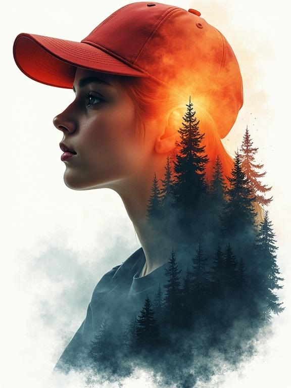 High quality close-up full body silhouette of a teenage girl with a cap. Blended with mountain waterfall and lush forest. Apocalyptic landscape with thunderstorm and flames. Red, orange, yellow atmosphere. Digital art in style of Ash Thorp.