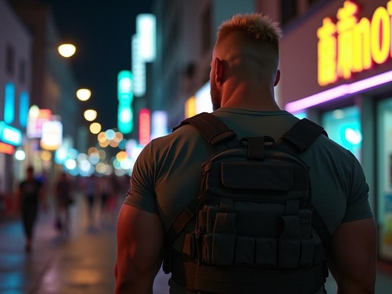 Large muscular man stands in an urban setting at night. Very short blond hair visible. Wears everyday clothing. Balmy night atmosphere with neon lights and passing pedestrians. Cinematic feel with surreal colors evokes urban loneliness.