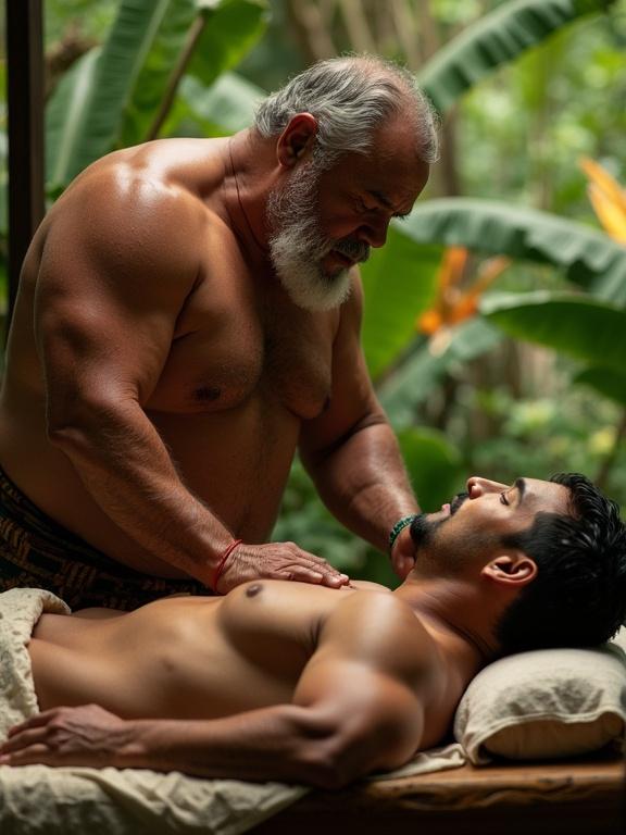 Elderly Polynesian masseur leans over athletic male client on a wooden massage table in a tropical garden. The masseur is imposing yet soft-looking, wearing a tapa-patterned lava-lava. The client appears relaxed. Intimate atmosphere with vibrant green leaves in the background. Cinematic lighting accentuates textures.