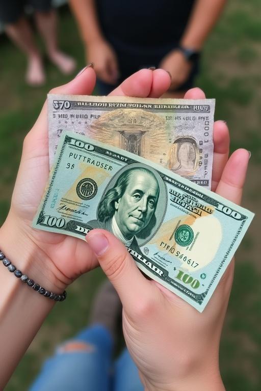 Hands holding two banknotes. One is fifty dollars and the other one hundred dollars. Scene outdoors with blurred background.