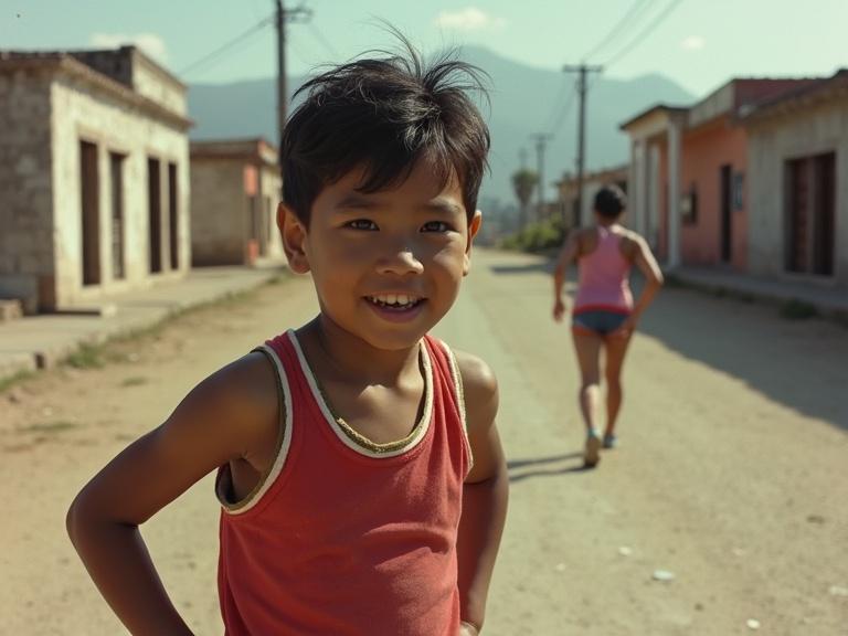 A young Mexican boy from the 1960s stands confidently on a street. The environment shows a small town in rural Mexico. The scene captures the essence of simple life and childhood. Houses line the dirt road. A figure is seen walking in the background, adding to the street atmosphere.