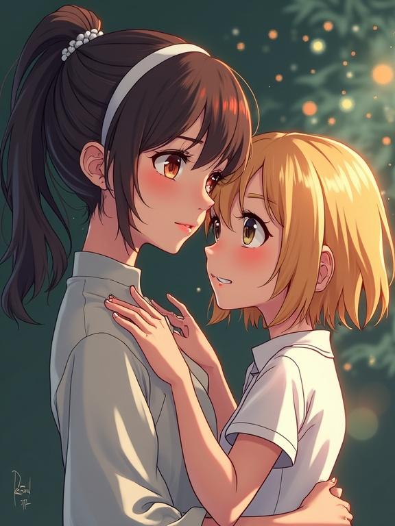 An intimate moment between a mother and daughter in an anime style. Both characters have expressive eyes and warm features. The background is softly lit with a festive ambiance. The mother has long dark hair, while the daughter has short light hair. Their expressions convey affection and warmth.
