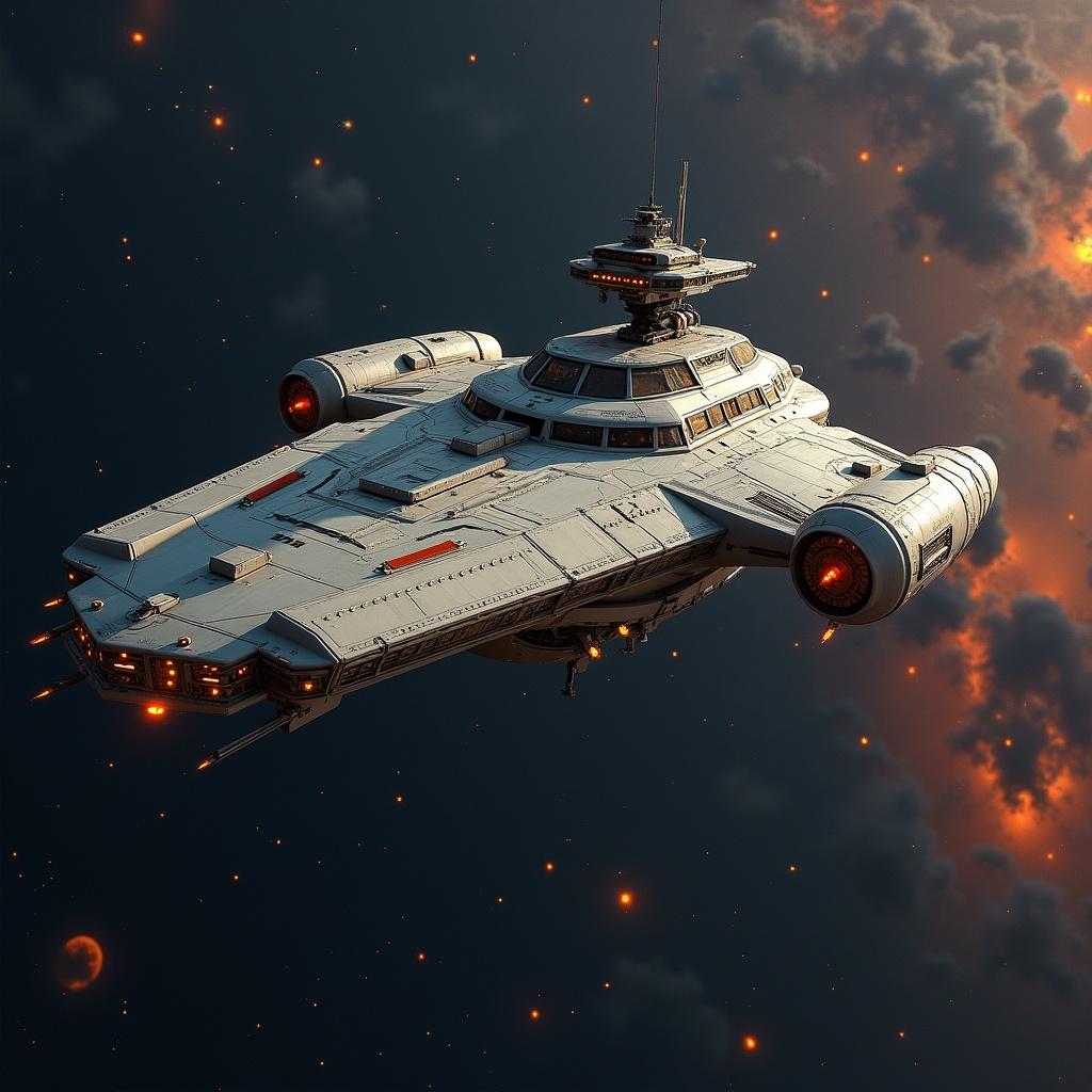 A futuristic spaceship is cruising through space, surrounded by a backdrop of stars and celestial phenomena. The ship features intricate designs, with a sleek hull and various technological elements. It appears to be powered by advanced propulsion systems, with glowing lights adding to its aura. The setting includes distant cosmic clouds and a subtle play of colors, enhancing the ship's presence in the vastness of space. This image evokes a sense of exploration and the unknown, ideal for any science fiction enthusiast.