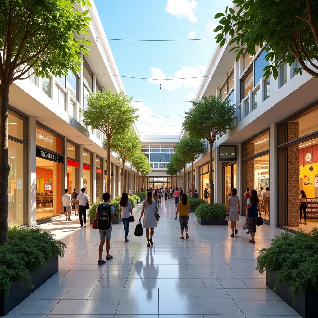 A vibrant and bustling outdoor mall scene filled with shoppers. Palm-like trees line the walkway. Natural light shines through large glass windows. Retail stores with colorful signage are visible. People walk casually. Modern architectural design is prominent.