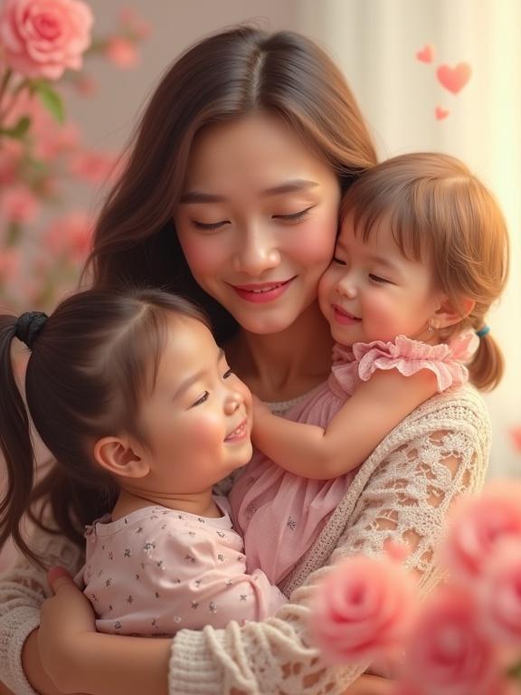 Hyperrealistic portrayal of a mother holding her children in a soft floral setting. Luminous and muted colors create an uplifting atmosphere. The image maximizes beauty with detailing and sharpness. The family shares a joyful moment. Textured elements enhance the scene. Suitable for Mother's Day celebrations.