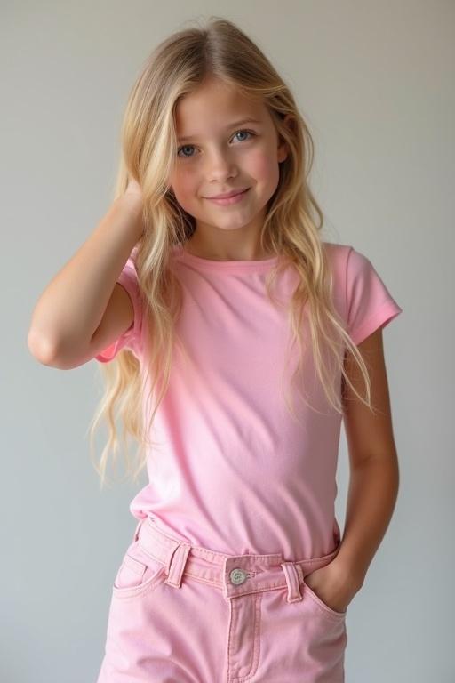 Image features young girl wearing pink t-shirt with long blonde hair. She poses playfully while holding her hair. Background is a soft color to emphasize the subject.