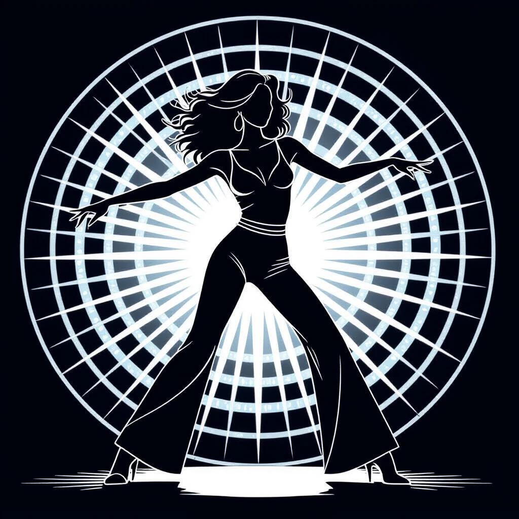 Create a black-and-white line drawing featuring a disco dancer. The dancer should be in a dynamic stance wearing flared pants. Use clean white lines against a solid black background. The artwork should be minimalist with no shading or details. Capture the essence of movement with rhythm and energy.