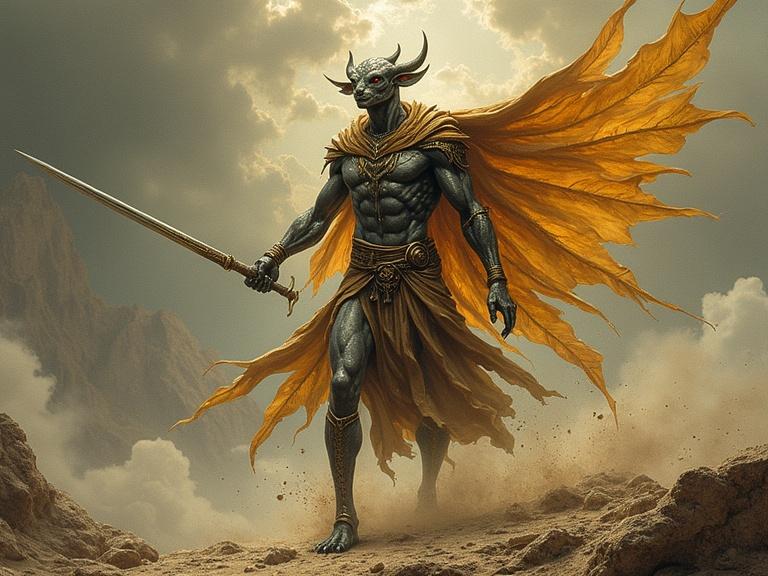 Dramatic depiction of a quickling lord humanoid with metallic skin wearing a flowing golden cape. The figure is in a desert-like landscape wielding a sword. The atmosphere is filled with energy and movement, symbolizing speed and power.
