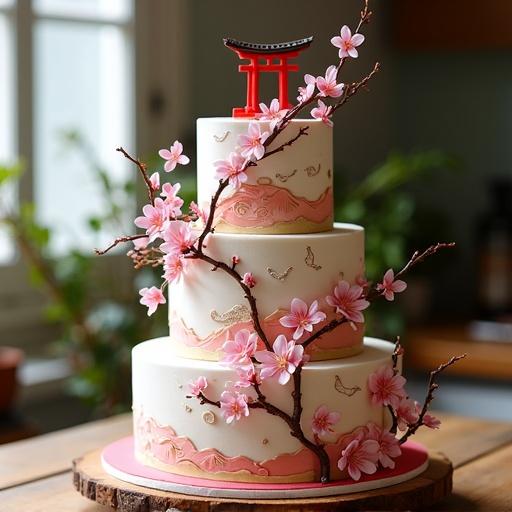 Photo of a multi-tiered edible cake with a Japanese theme. Cake has cherry blossom branches and pink flowers. Subtle patterns of waves and cranes in red and gold seen on layers. On top, small edible Torii gate decorates. Natural setting with wooden table and soft daylight in background. Image looks amateur, taken with phone.