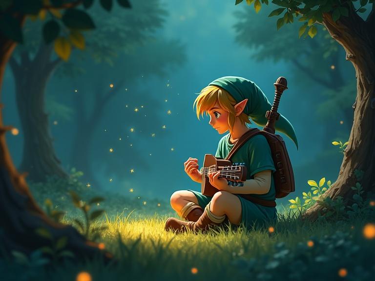 Link character playing an ocarina in a forest setting with fireflies around. The scene is peaceful and magical.