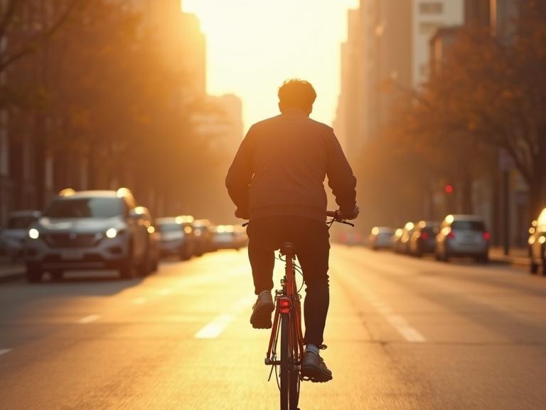 Person riding a bike on city street during sunset. Bright sunlight creates warm tones. Blurred motion and lens flare add cinematic effect. Detailed texture in shallow depth of field.