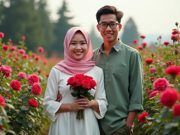 Portrait of a young Indonesian woman in a white dress and pink hijab with a bouquet of red roses standing next to an Indonesian man in sage green batik. The background is filled with blooming roses in shades of red and pink. The scene has tall trees and clear sky, creating a serene atmosphere.