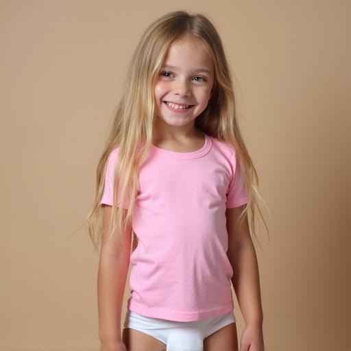 Image depicts a seven year old girl with long blonde hair. She wears a fitted pink t-shirt and a white diaper. The background is beige, creating a gentle atmosphere.