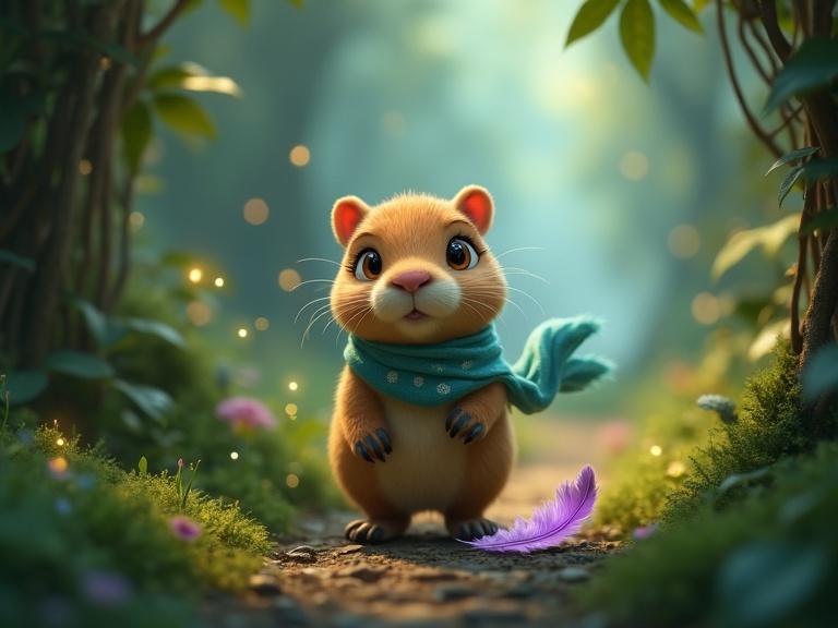 A small capybara walks cautiously on a jungle path. The capybara has golden-brown fur and big hazel eyes. She wears a light teal scarf. A lavender feather lies on the moss-covered trail. Magical energy sparkles around. The scene is vibrant and enchanting in Disney Pixar style.