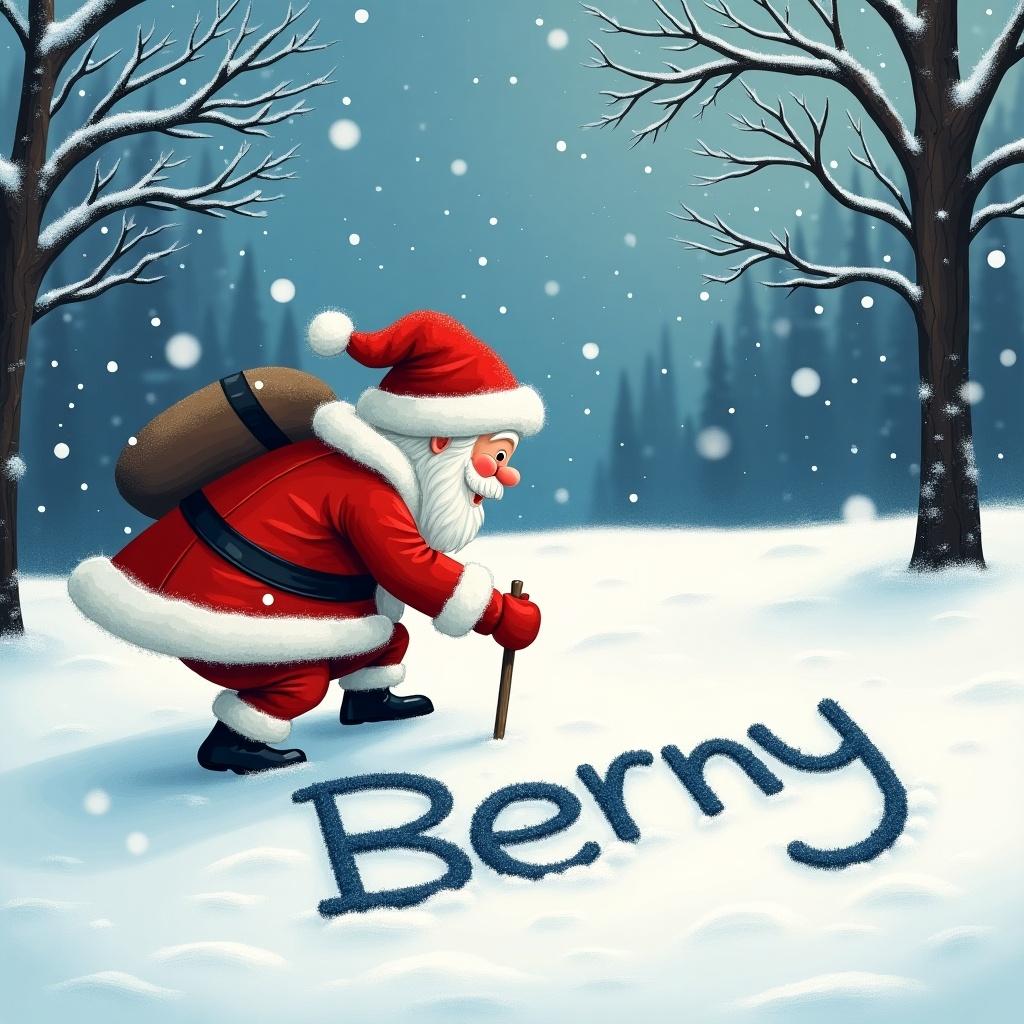 Santa in a red suit writes 'Berny' in the snow. Snowflakes falling around. Snowy forest background.