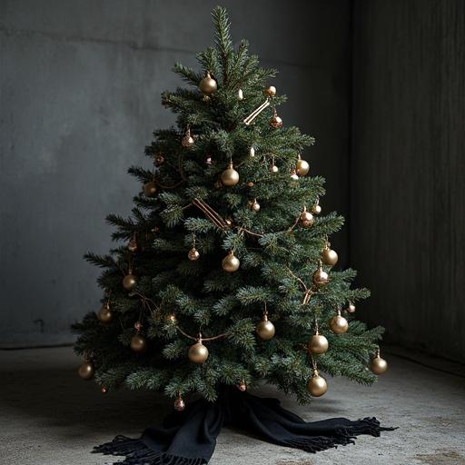 A Christmas tree decorated with bullet shells and shards as ornaments. A black scarf is used as a garland around the tree. The tree is in a dark grey bunker.