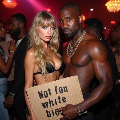 Scene in a nightclub. A stunning woman holds a sign. Nightlife atmosphere with dim lights and a diverse crowd. The woman has long blonde hair. A rapper stands beside her. Vibrant setting with lots of people.