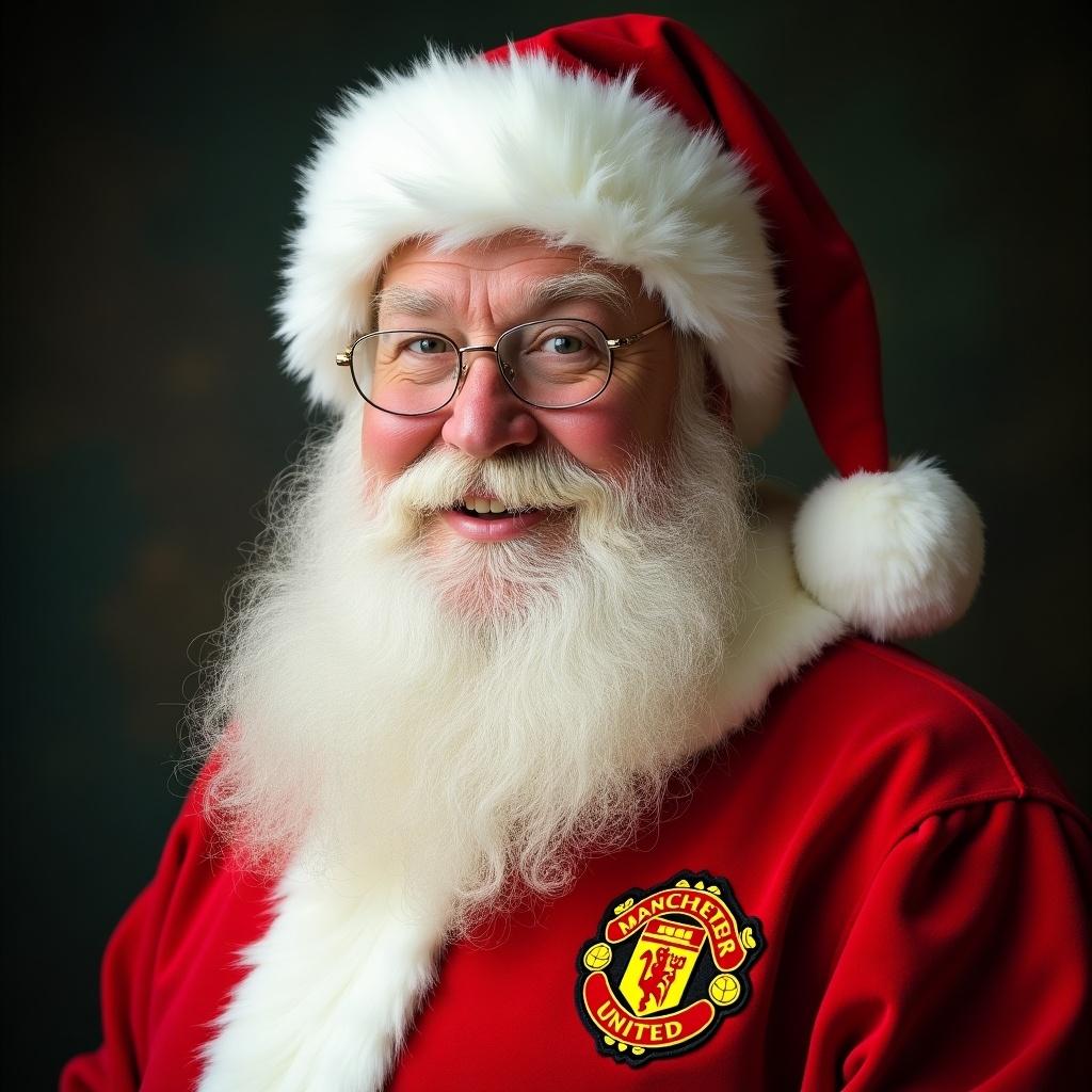 Santa Claus wears a red outfit with a Dundee United football badge. The background is soft and warm. Traditional Christmas atmosphere.