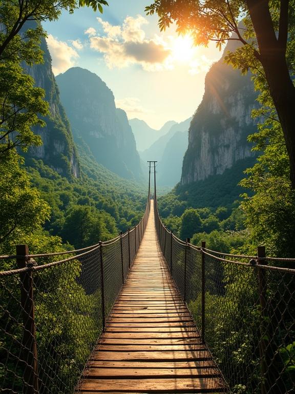 Scenic landscape with a suspension bridge across a lush valley. Dramatic mountains in background. Sunlight filters through trees. Vibrant green vegetation and blue sky.