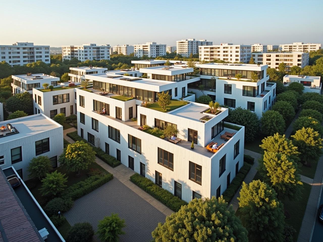 The image shows a building from an aerial perspective. The architecture appears unique, featuring large windows and a light-colored facade. Surrounding the building, there are a few trees and some greenery, indicating an outdoor space. In the background, there are modern residential buildings that suggest an urban environment. The sky is clear, contributing to a bright and sunny atmosphere.