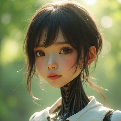 Create a photorealistic image of a beautiful young android woman. Display a full body shot with a gentle smile and kind eyes. Include realistic skin texture with pores and imperfections. Show detailed hair and modern casual clothing. Place her in a natural outdoor setting with soft sunlight and a blurred background.