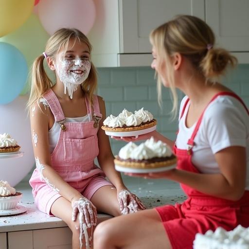 A college-age girl at a kitchen counter covered in cream and chocolate. Her face is messy with pie remnants. A mischievous woman holds creamy pies in both hands. The kitchen has pastel balloons and cakes.