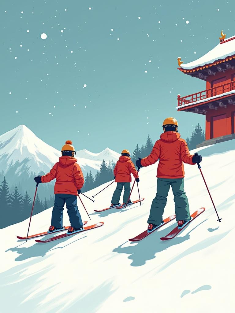 Illustration celebrates Chinese New Year. Group of three skiers in orange jackets navigate snowy slope. Background features traditional Chinese temple alongside pine trees and mountains. Sky filled with snowflakes.