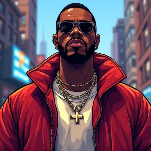 Confident Black male rapper in urban streetwear against a city backdrop. Illustration inspired by Grand Theft Auto video game style. Strong outlines vivid saturated colors. Accessories include flashy jewelry. Background shows gritty city life for an urban vibe. Digital painting with a dynamic look.
