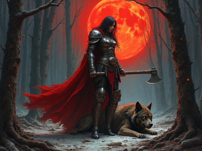 A dramatic image shows a female warrior in a red cloak standing over a defeated werewolf. She wears ornate armor and wields a silver axe. In a dead forest with glowing eyes peering from the shadows under a blood-red moon illuminates the scene, style of Boris Vallejo, oil painting