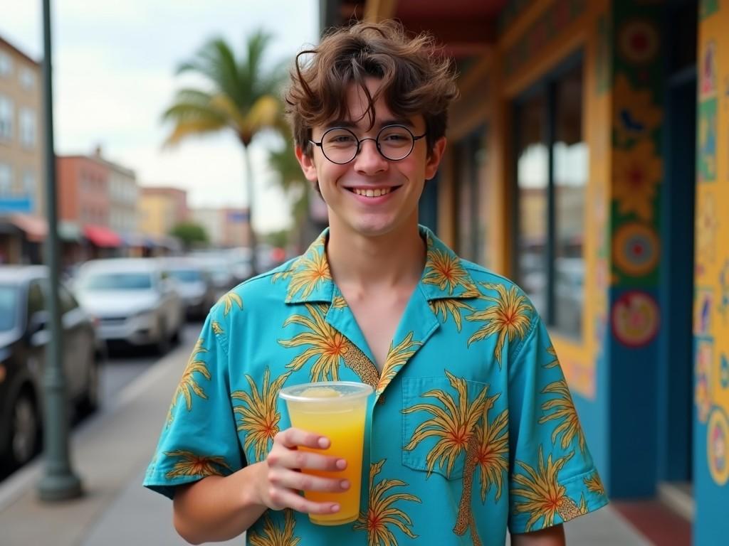 young man with glasses and blue Hawaiian shirt holding a drink in a colorful street