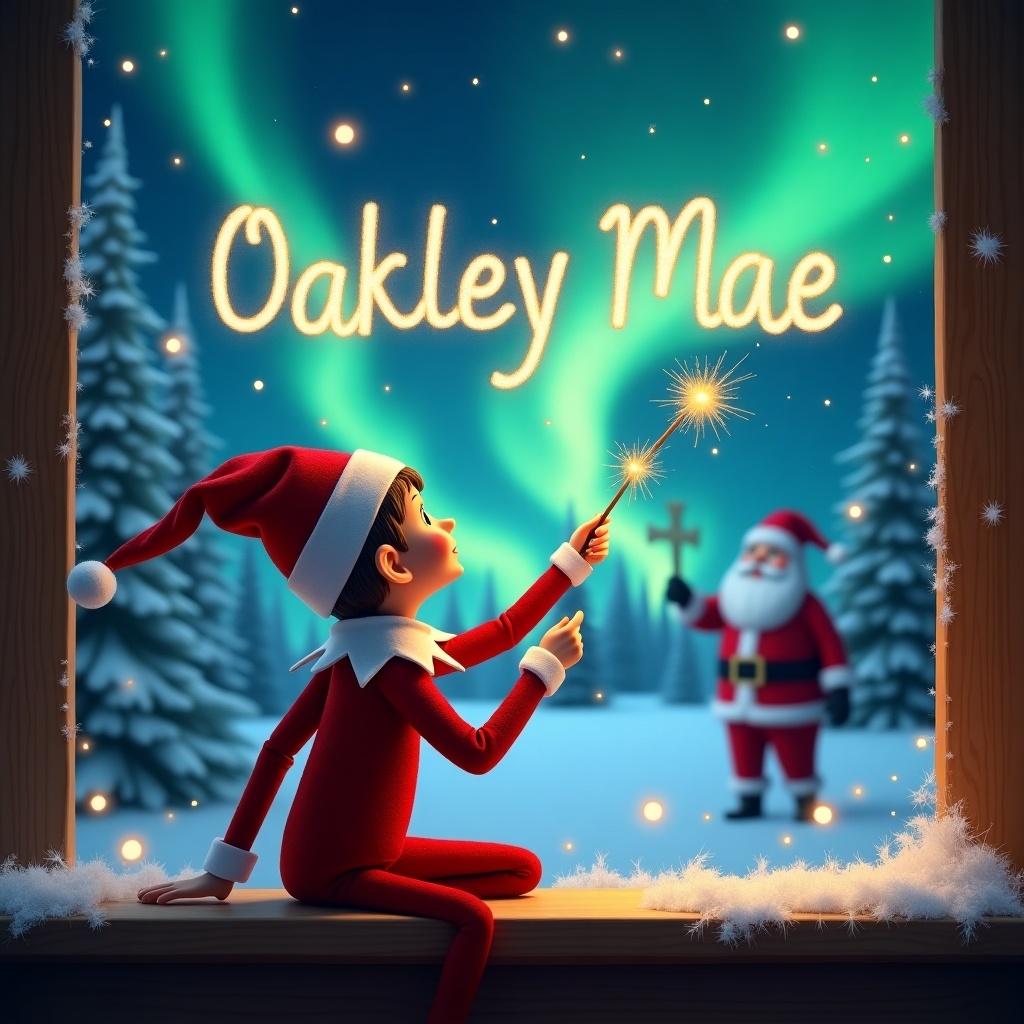 Elf in red attire with back to viewer faces sky. Uses wand to write. Magical Christmas landscape with northern lights and Santa in background. Names 'Oakley Mae' elegantly displayed in sky.