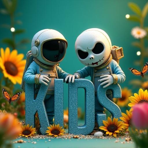 A 3D rendered image showcases the letter 'KIDS' in glitter against an emerald backdrop. An astronaut and Jack Skellington embrace the letter. Surrounding elements include sunflowers, butterflies, and sparkles, creating a playful scene.