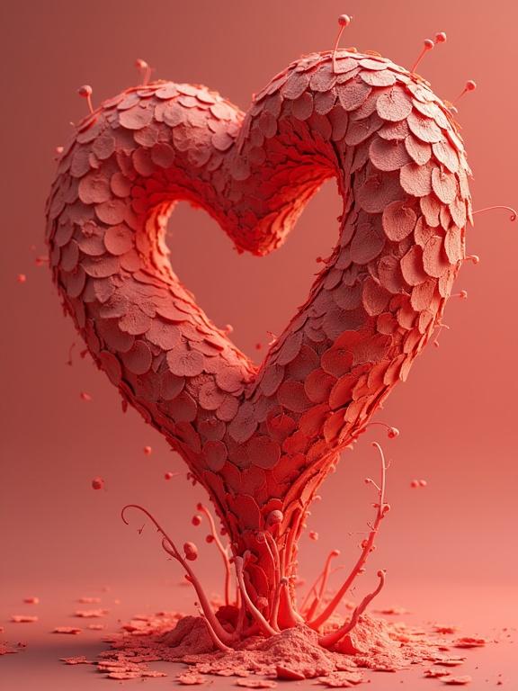 Intricate heart shape made of textured elements rendered in 3D. Soft peach and red colors with a warm glow. Detailed and hyperrealistic visualization.