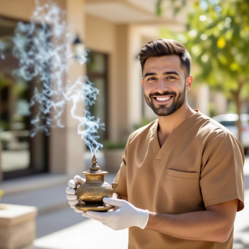 Dentist in light brown medical scrubs. Holding Arabic incense burner. Incense emitting smoke. Background outside dental clinic. Bright sunny day.