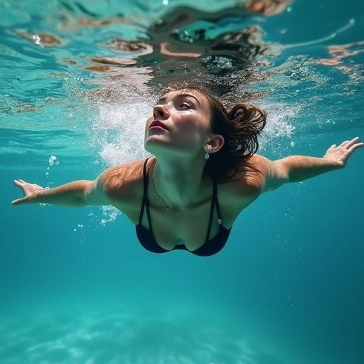 Young woman swimming underwater in clear turquoise water. Bright sunlight filters through the surface creating a serene atmosphere.