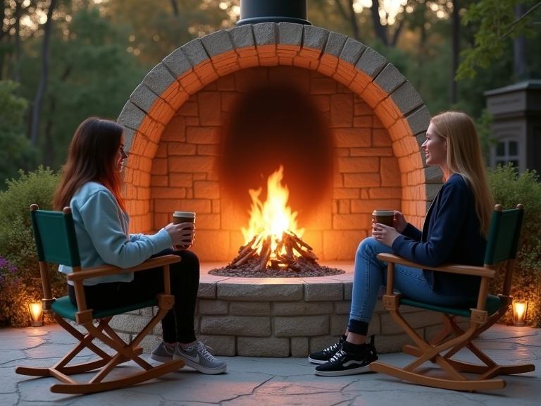 Photograph of three young women sitting around a large stone fireplace on a patio. The stone fireplace is beige with a bright fire burning inside. Women are in director's chairs wearing casual outfits with smiles. A gazebo with lights is in the background. Lush greenery surrounds the scene.