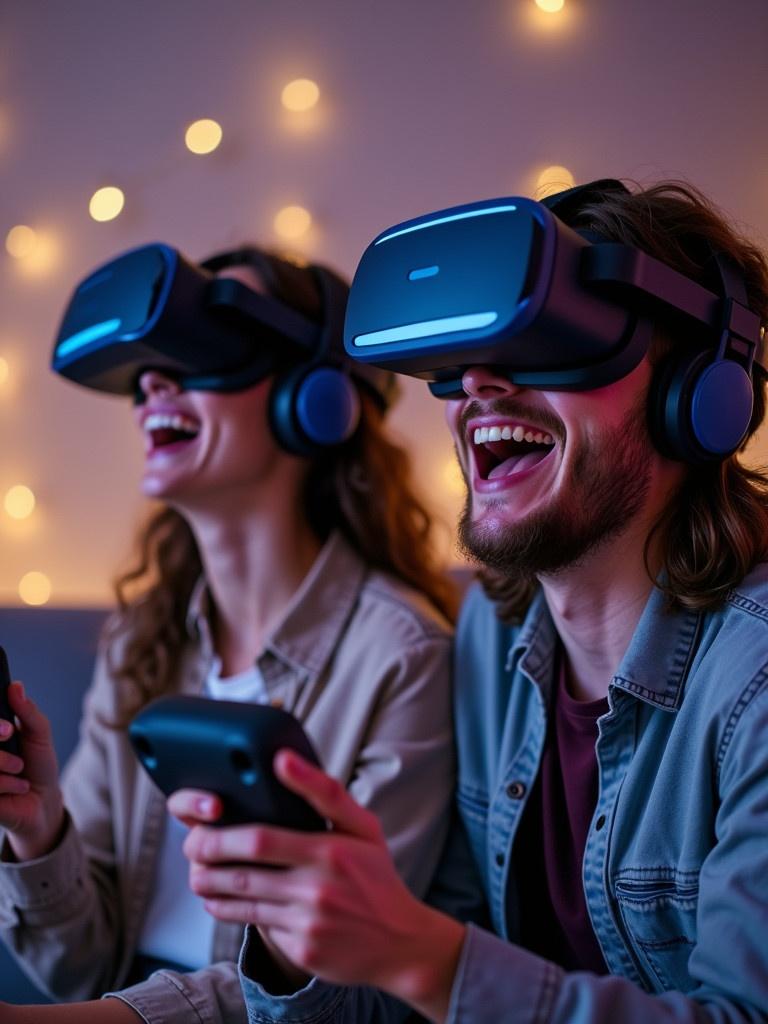 Couple enjoys virtual reality experience. They wear headsets and hold gaming controllers. Setting has decorative lights. Expressions of laughter and engagement.