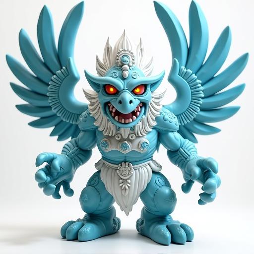 Design a fantasy cartoon-style monster toy inspired by early 2000s Italian collectible figures. This is the Chief of the Air Tribe, a large creature with exaggerated chunky proportions and a rigid pose. Body features air motifs, feathers, and cloud swirls. Face is non-human with a beaked look and glowing eyes. Large wings and regal elements like a chest emblem are present. Use glossy paint and bold outlines with a light blue, white, and silver color palette.