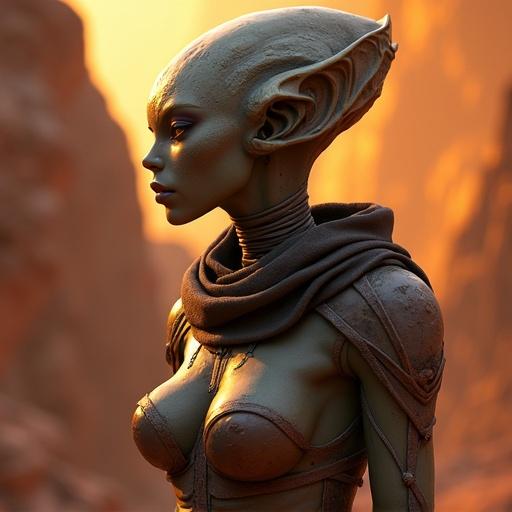 A female alien character inspired by science fiction. The alien has distinct features such as large ears, a unique head shape, and an intricate outfit. The background has warm tones resembling a desert landscape.