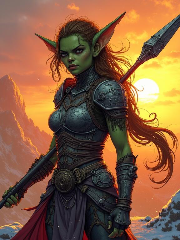 Hand-drawn comic book style illustration of a female goblin fighter wielding a spear. She has icy breath and is clad in heavy armor. The scene is lit by a sunset with dramatic flat shadows and realistic proportions. Emphasis on vibrant colors and cinematic composition.