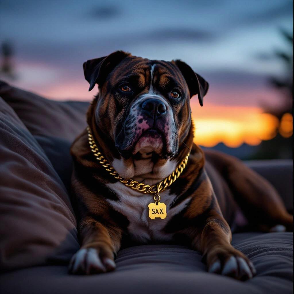 A fat gangster dog rests on a couch outdoors at sunset. Dog wears a gold chain with a name tag saying SAX. Dog looks directly at the camera with a confident expression.