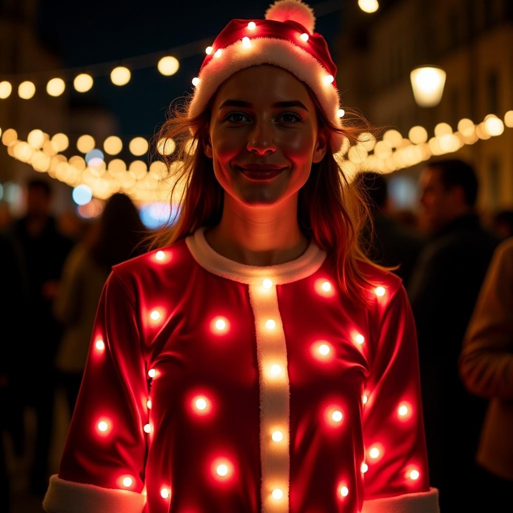 This image features a woman dressed in bright, festive holiday attire that lights up. She is standing amidst a crowd, exuding a joyful and cheerful atmosphere. The outfit is red with white accents and illuminated by glowing lights. The scene is set at night, enhancing the vibrant colors against a dark background. The overall theme is merry and bright, capturing the essence of the holiday spirit.