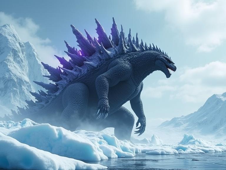 Cinematic depiction of Godzilla in an icy Antarctic setting, showcasing a massive bulky creature covered in snow and ice, roaring while crouched. Focus on its glowing dorsal spines and the dramatic splitting ice.