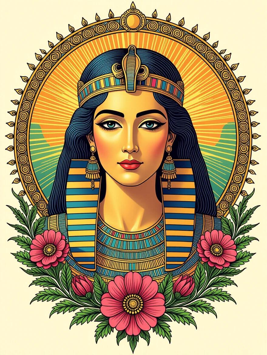 Colorful depiction of Cleopatra. Egyptian queen wearing iconic headdress. Surrounded by flowers and intricate designs. Luminous and beautiful composition. 3D appearance. High resolution and magical feel. Evocative imagery.