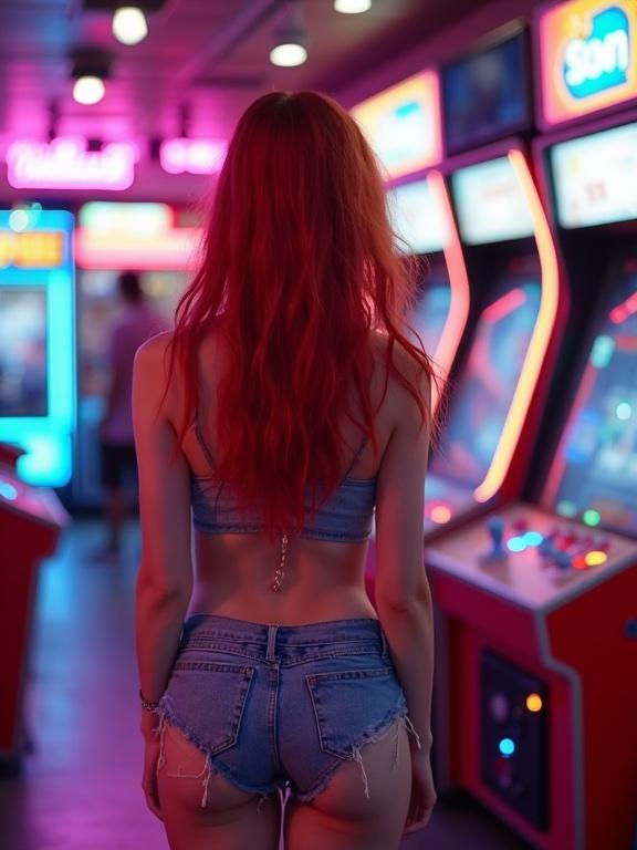 A youthful woman enjoys an arcade game. She wears a crop top and cheeky booty shorts. The arcade is bustling with vivid neon lights.