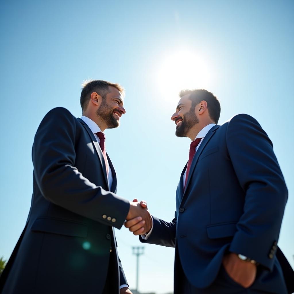 Two business men are shaking hands under a clear blue sky. They are dressed in professional suits, and the sun shines brightly behind them, creating a beautiful silhouette effect. The atmosphere suggests a successful business agreement or partnership. The setting is outdoors, implying a positive and open environment for negotiations. This image conveys professionalism and collaboration in a business context.