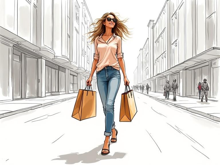 Woman walking confidently with shopping bags in a city street. Wind blowing hair and bags. Urban scene with dynamic energy. Commercial scamp sketch style using ink and highlighter.