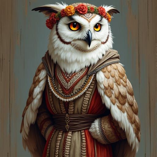 Character design of an anthropomorphic owl with light gray fur. Dressed in poor Slavic robes with owl wings instead of arms. Wearing layered embroidered garments with beads and fur trim. Floral wreath on head and wise glowing eyes. Dress has intricate patterns and feathers blend into wings. Full-length portrait with stylized portrait and bold color accents. Wooden texture in the background.